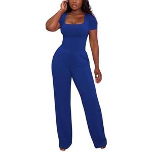 PINSV Women's 2 Piece Outfits Square Neck Short Sleeve Top Wide Leg Pants Tracksuit Lounge Sets L