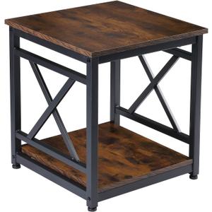 Industrial End Table Side Table with 2-Tier Storage Shelf, 18'' Square Nightstand Bedside Table X-Design Metal Frame for Living Room Bedroom, Rustic Brown