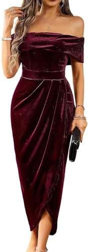 Off The Shoulder Vintage Velvet Bodycon Midi Dress for Women Wrap Slit Elegant Cocktail Party Evening Pencil Dress, 
(S, Burgundy)