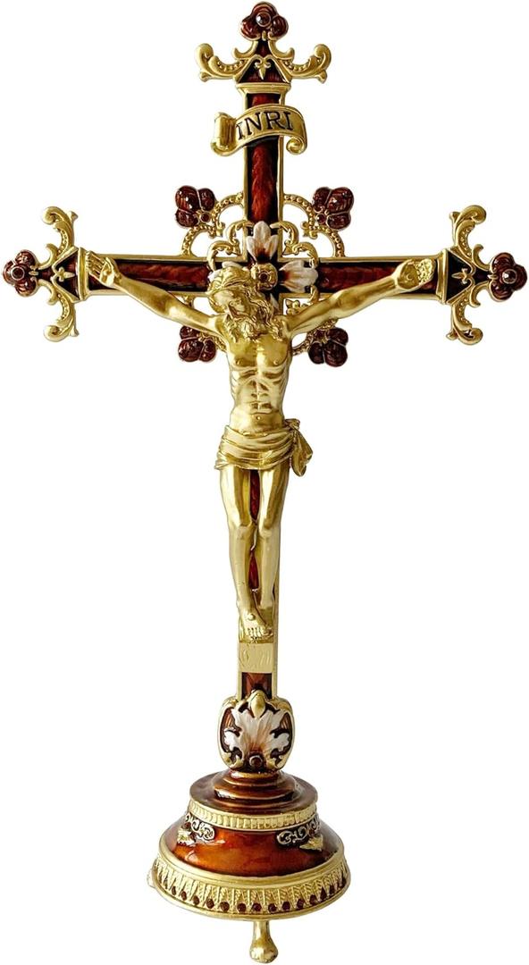 Pasiir 13 Inch Metal Hand Painted Jesus Christ Crucifix Religious Cross INRI Decor Standing Cross Gifts Home Decoration