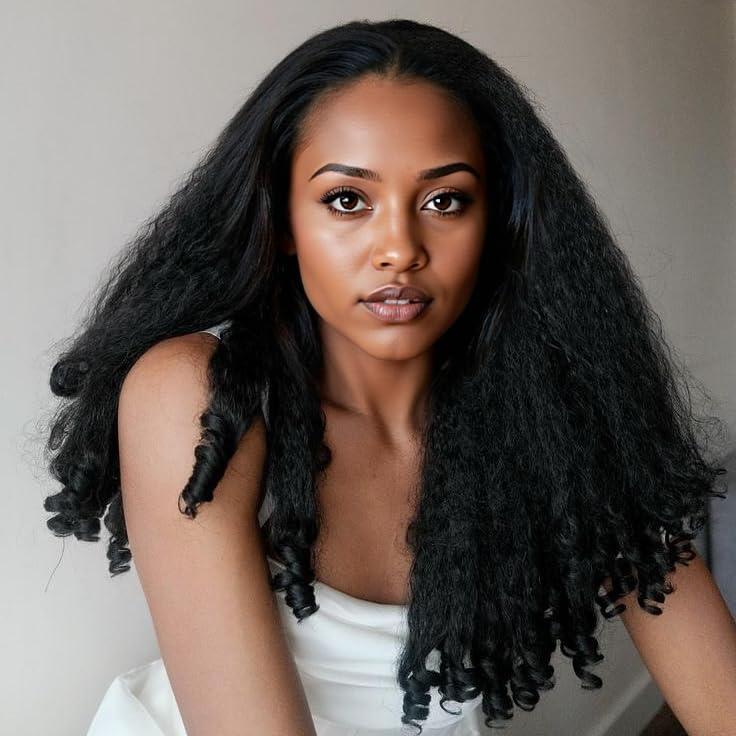 Afro Wig V Part Kinky Curly Wigs for Black Women, 180% Density Wear and Go Glueless Wig with Unique Bouncy Curls in the End, Synthetic No Leave out Clip in (#1B-Black-1, 24 Inch)