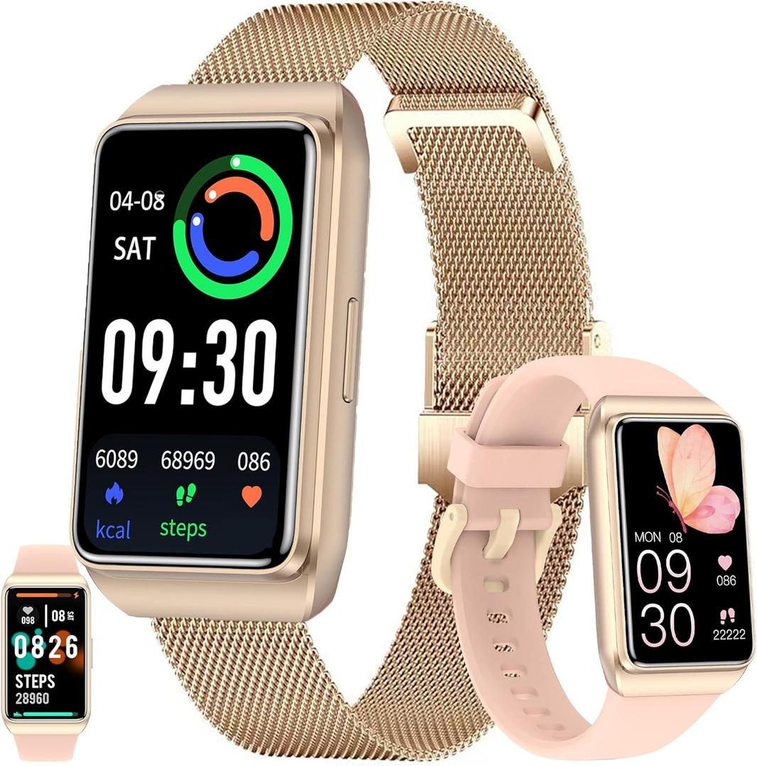 ZPIMY 1.47" AMOLED Smart Watch for Women, Mens Smartwatches,Fitness Tracker Smartwatch for Android iPhones, Digital Watches Step Counter, 2 Straps (Gold)