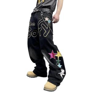 DFGIGT Men's Hip-hop Embroidered Baggy Jeans Loose Fit Denim Black Trousers Distressed Straight Leg Relaxed Fit 2023s Extreme Motion Skater Skateboard Street, D10 Black, X-Large