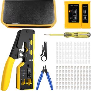 Pass Through RJ45 Crimp Tool Ethernet Crimping Tools Kit Punchdown Tool Wire Stripper Cutter Crimper Tool for CAT5/CAT6/CAT7 rj45 Connectors with Tester Crystal Heads