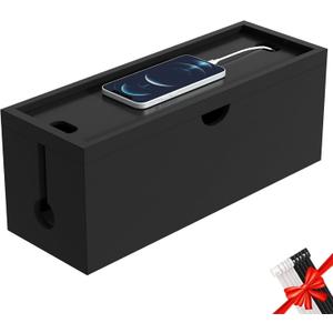 Bamboo Cable Management Box, Large Cord Organizer Box Cable Box to Hide Wires & Power Strips for Desktop Storage Cord Holder for Office Home,No Assembley Required (All Black, Large)