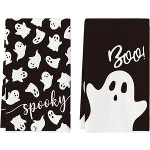 Artoid Mode Black Ghost Spooky Halloween Kitchen Towels Dish Towels, 18x26 Inch Boo Decoration Hand Towels Set of 2