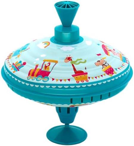 Beeqoo Humming Top Tin Spinning Top for Baby 18 Months and up, Classic Retro Toys for Toddler, Pump Spinner with Base, Parade Fun 7.9” Large Size