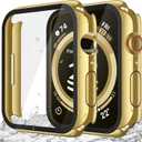 Misxi [2 Pack] Waterproof Hard Case with Tempered Glass Compatible with Apple Watch Series 9 Series 8 Series 7 41mm, Ultra-Thin Cover for iWatch Screen Protector, 1 Gold + 1 Transparent