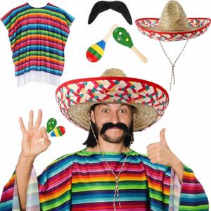 Unittype 6 Pcs Mxeican Costume Set Sombrero Hat Serape Poncho Mustache Maracas Fiesta Outfit Mexco Accessories