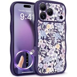 GVIEWIN for iPhone 17 Pro Max Case Compatible with MagSafe [Curly Wave Edge][Full Camera Protection] Floral Translucent Shockproof Magnetic Women Phone Case for 17 Pro Max, Apricot Blossom/Deep Purple