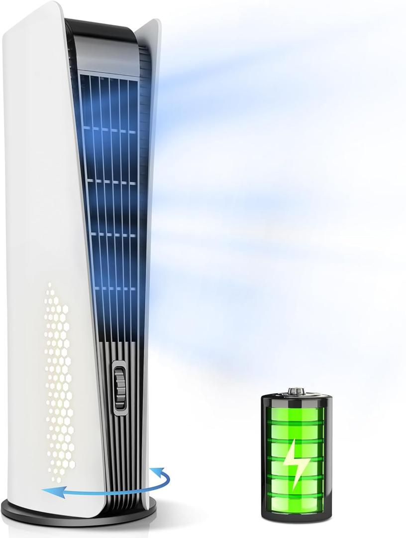 10000mAh Tower Fan for Bedroom,Quiet Floor Fan,180 Oscillating Bladeless Fan,Portable Fan with 3 Speeds, Timer, Night Light, LED Display,Rechargeable Desk Fan for Home Office (White)