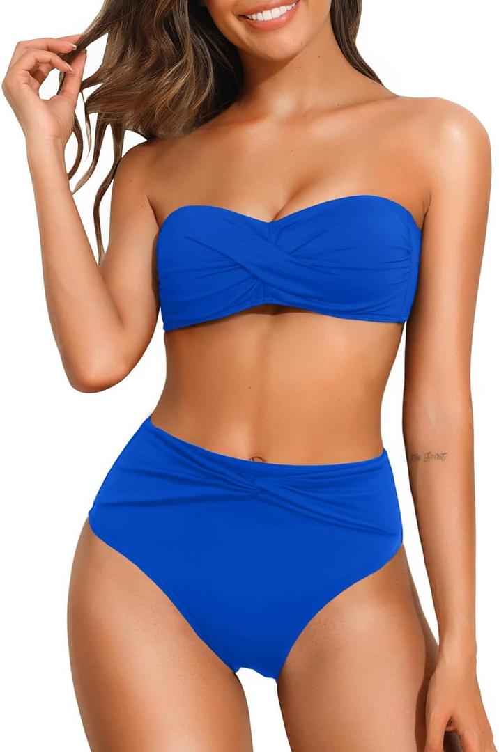 Tempt Me Women Bandeau Bikini Set Twist Strapless Two Piece Swimsuit High Cut High Waisted Bathing Suits, Royal Blue, Medium 
