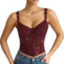 LEACOOLKEY Lace Corset Top for Women Sexy Sheer Floral Bustier Going Out Lace-up Bralette Club Party Concert Crop Top (L)