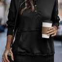 SHEWIN Women's Casual Long Sleeve Stand Neck Sweatshirt Lightweight Button Drawstring Pullover Tops (Black, L)