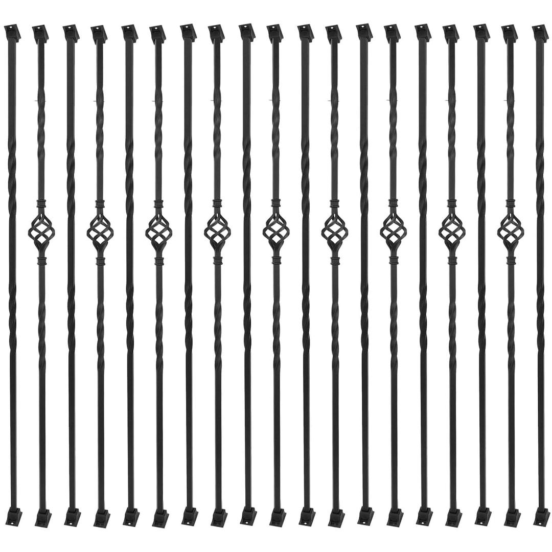 Sidasu 30 Pack Iron Balusters Stair Spindles Hollow Single Basket Black Iron Spindles Double Twist 1/2" Square Metal Balusters with Baluster Swivel Shoes 180 Degree Adjustable Direction