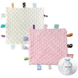 CREVENT Tag Security Blankets for Babies, Soft Small Loveys for Girls, Baby Comforter Sensory Blanket, Great Gifts for Birthday Baby Shower 10"X10" (Ivory,Pink)