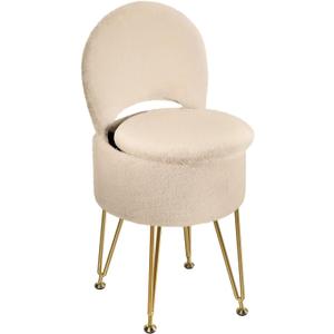 GREENSTELL Vanity Stool Chair with Storage and Folding Back, 15.7" x 15.7" x 19.5" Faux Fur Soft Ottoman for Adults, 4 Metal Legs with Anti-Slip Feet, Furry Padded Seat for Makeup, Bedroom, Camel
