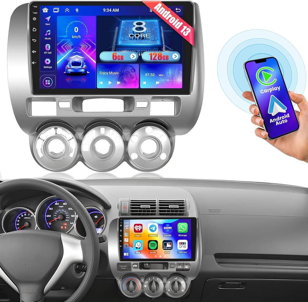 8 Core 6G+128G Radio for Honda Fit 2004-2010 with Wireless Carplay Android Auto, Hikity 9 Inch Android 13 Touch Screen Stereo with DSP BT 5.0 GPS Navigation WiFi