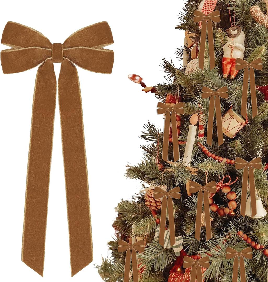 12Pcs Vintage Velvet Ribbon Bows Christmas Tree Decorations,5in x 10in Brown Xmas Ornaments for Tree Home Party Front Door Wreath Holiday Decor