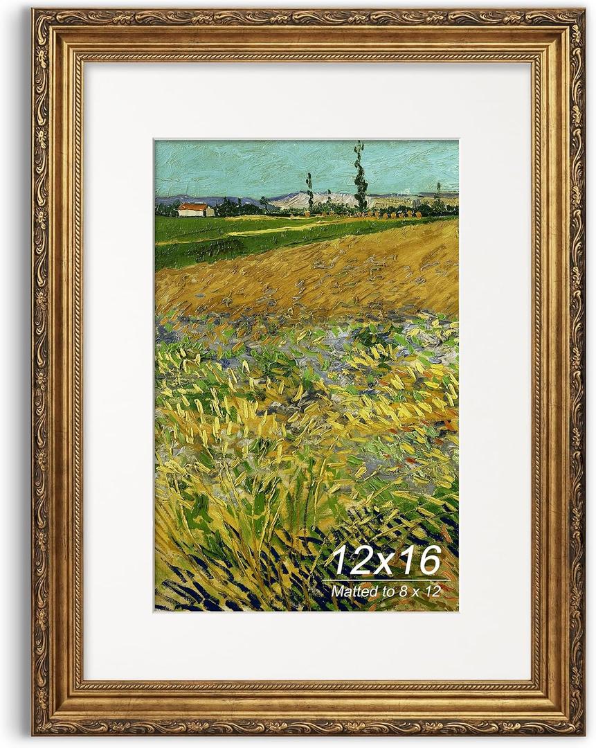 Antique Gold 12x16 Picture Frame, Ornate Embossing Frame with Paper Mat and Plexiglass, Fit for 12x16 without Mat or 8x12 with Mat, Wall Mounting Display for Art Prints, 1 Pack
