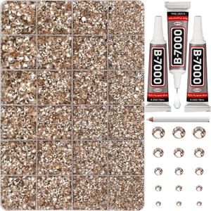 33000Pcs Champagne Rhinestones for Bedazzling, Bedazzler Kit with Flatback Craft Rhinestones Rose Gold Tan Bulk and B7000 Glue, 2,3,4,5,6mm Resin Flat Back Crystals for Craftings, Clothes, Nails