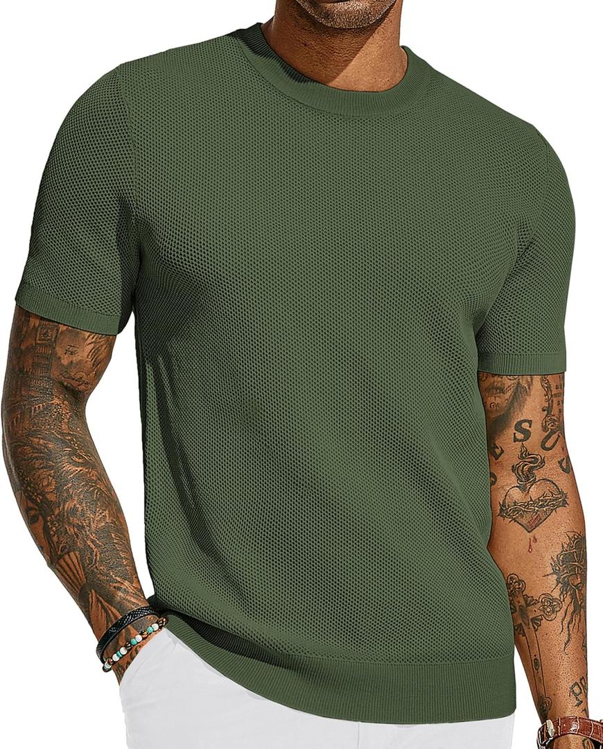 PJ PAUL JONES Men's T-Shirts Casual Knit Short Sleeve Crewneck Honeycomb Waffle Solid Knitted Pullover Tees (XX-Large, Armygreen)