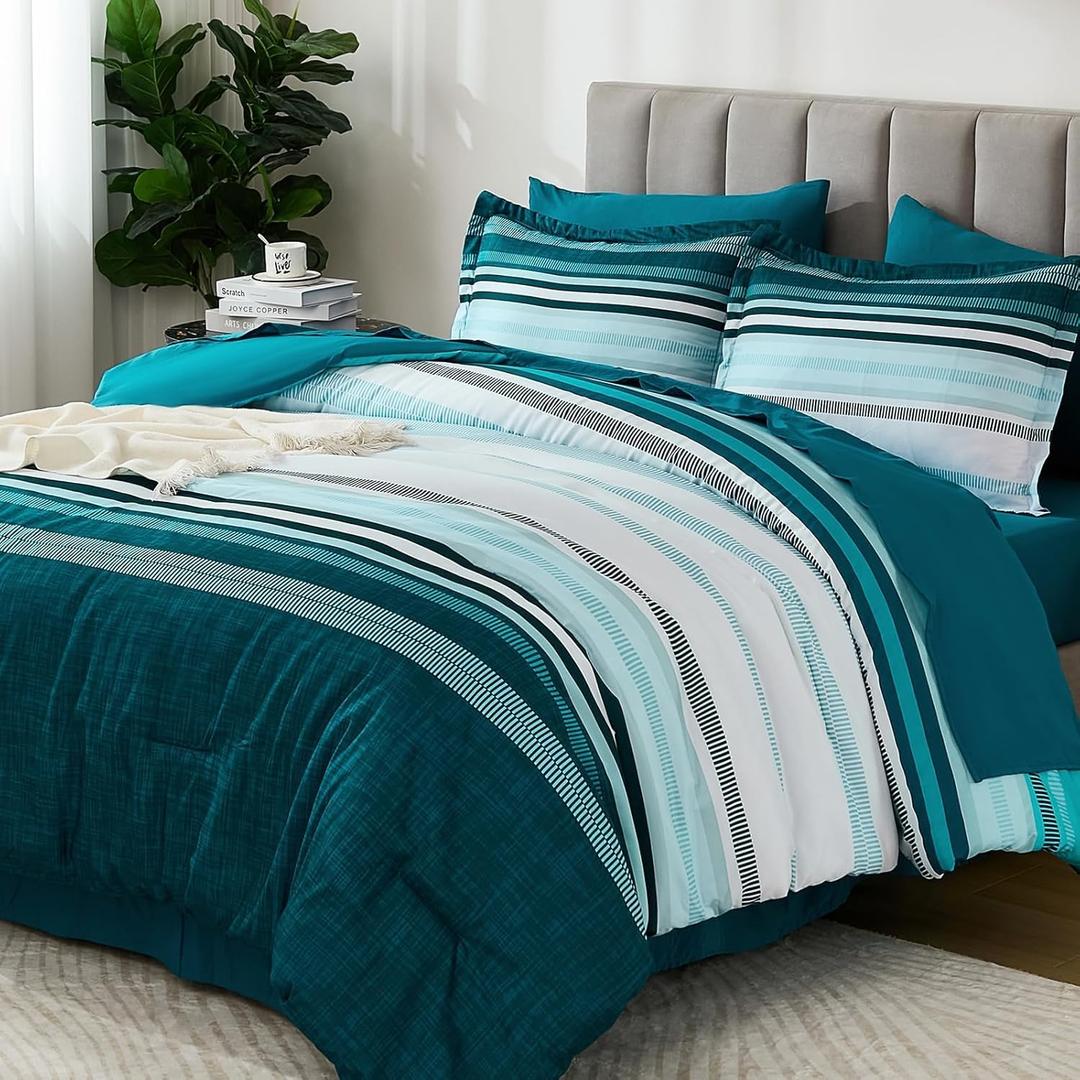 Dobuyly Teal King Size Comforter Set 7 Pieces, Blue Boho Striped Bed in a Bag Soft Microfiber All Season Bedding Set with Comforter, Sheets, Pillowcases & Shams