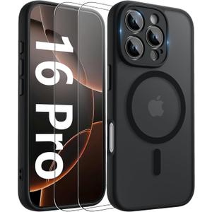 Innaght Magnetic for iPhone 16 Pro Case[Compatible with MagSafe][Camera Protection][2+Full Coverage Tempered Glass Screen Protector][Translucent Matte] Drop Protection Phone Case,6.3",Black