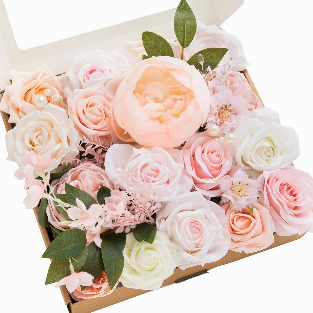 Ling's moment Fake Flowers Box, Faux Artificial Greenery Stems Foam Roses Silk Peony Fabic Flower for Centerpieces Bouquet Wedding Table Floral Vase Bridal Shower Party, Pink & Cream, Grand Combo