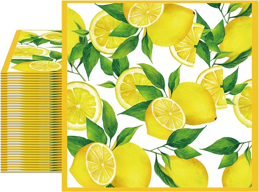 40pcs Lemon Paper Napkins, 2 Ply Yellow Citrus Fruit Theme Disposable Napkins Decorative for Kitchen Bathroom Lemon Decor Themed Party Supplies 6.5x6.5 Inch