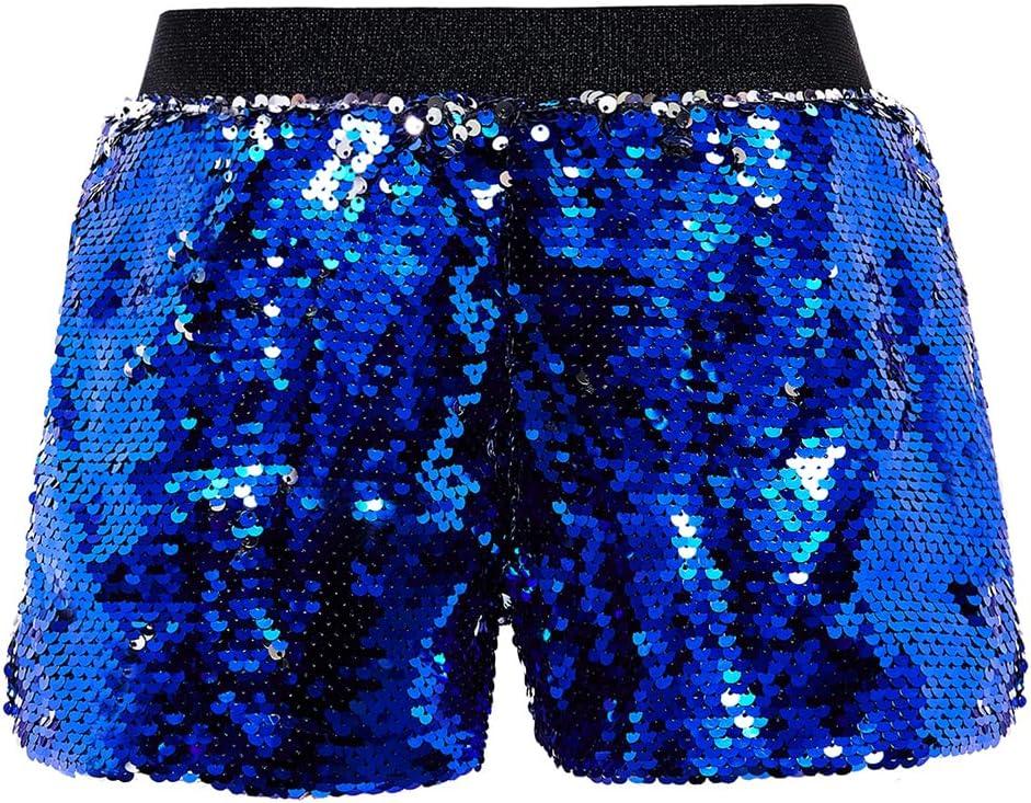 Cilucu Girls Sequin Shorts Flip Sparkly Party Summer Short Pants Kids Halloween Birthday Bottoms (14 Years, Royal Blue to Silver)