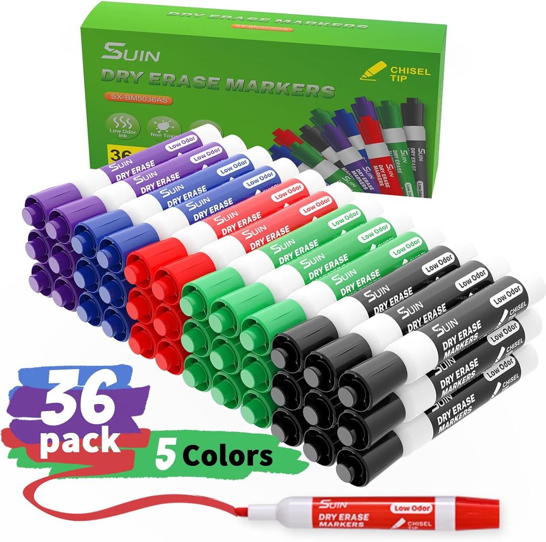 SUIN Dry Erase Markers, Chisel Tip Whiteboard Markers, Low Odor White Board Markers, Chisel Tip Marker, Whiteboard Marker, Assorted 5 Colors, 36 Count