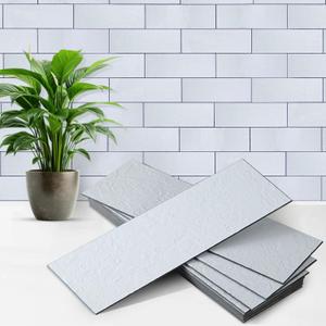 40PCS Peel and Stick Backsplash, 3" x 9" SPC Wall Tiles, Upgraded Structured Soft Glossy Ivory White Slate with Black Grout Backsplash Stick on Tile for Kitchen, Bathroom, Fireplace, RV