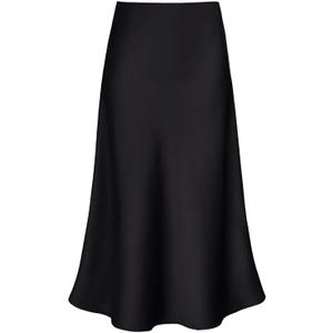 Women's Satin High Waist Hidden Elasticized Waistband Flared Casual A Line Midi Skirt (Black, Small)