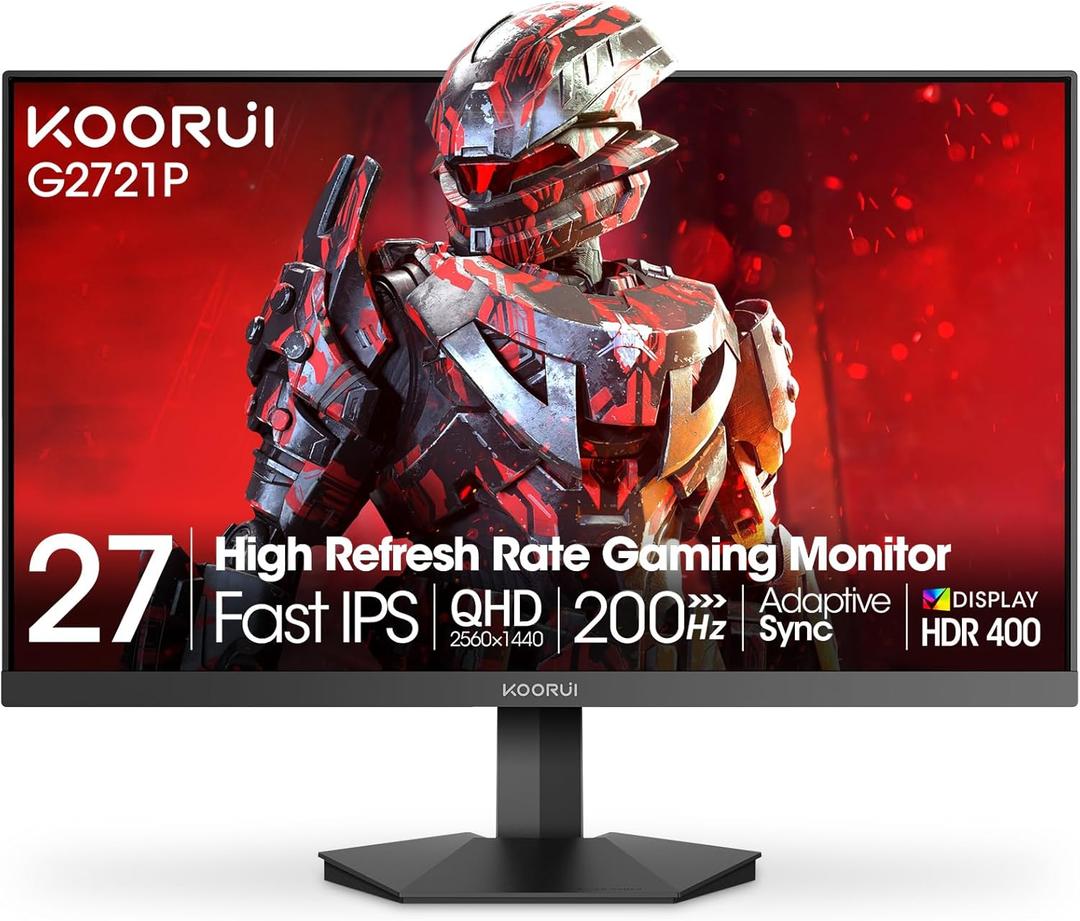 KOORUI 27" 200Hz Gaming Monitor, 1ms Fast IPS Computer Monitor, WQHD (2560 x 1440p) HDR 400 Display, DCI-P3 95% Color Gamut, FreeSync Premium, Adaptive G-Sync, HDMI x 2, DisplayPort, Black