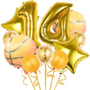 12 Pcs Basketball Theme Balloons, Decorations Gold Confetti Balloon Foil Star For Sports 14th Birthday Party Supplies Number 14 Decoration