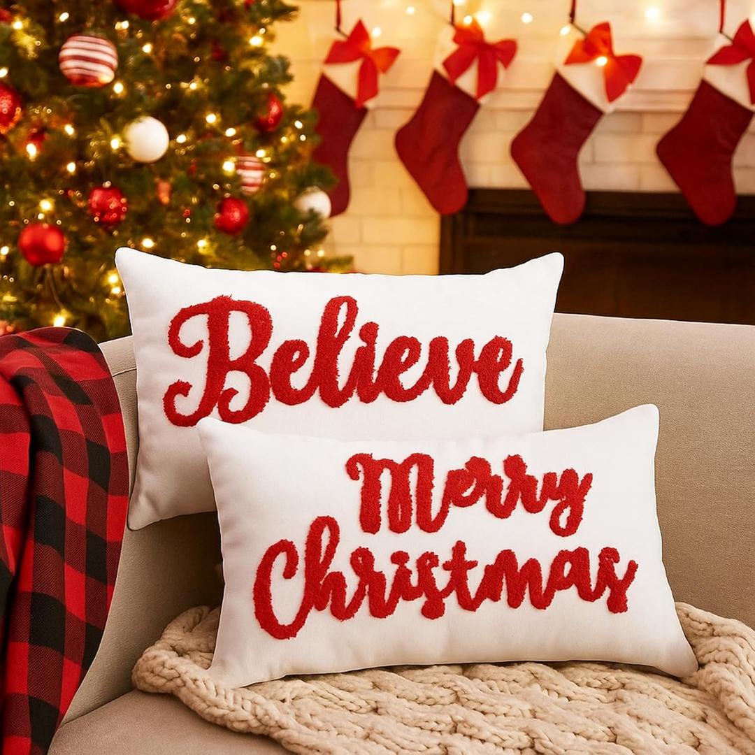 Jetec Set of 2 Christmas Throw Pillow Covers 12x20 Inch Merry Christmas Believe Embroidery Pillow Covers Farmhouse Throw Cushion Case for Home Living Room Bedroom Holiday Parties and Gifts