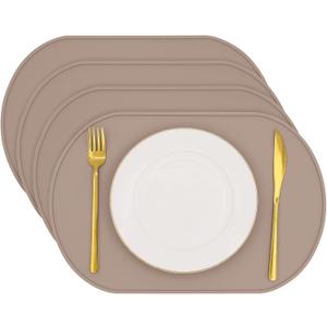 Silicone Placemat Set of 4, Heat Resistant Placemats for Dining Table, Reusable Portable Kids Baby Placemats, Waterproof Stain-Proof Toddler Food Mats, Easy to Clean Silicone Mat Oval Placemat (Light Brown)
