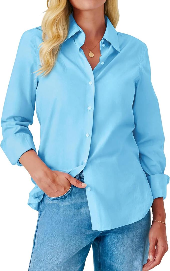 Button Down Shirts for Women Dress Shirt Long Sleeve Wrinkle Free Collared Blouse Work Business Office Solid Tops (Blue, L)