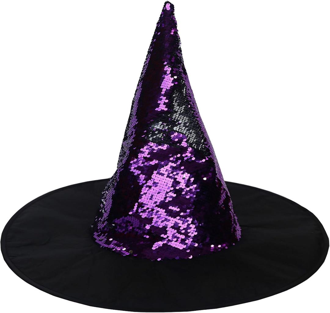 Halloween Reversible Sequin Witch Hat. Reversible Sequin Costume Party Hat. (Purple & Silver)