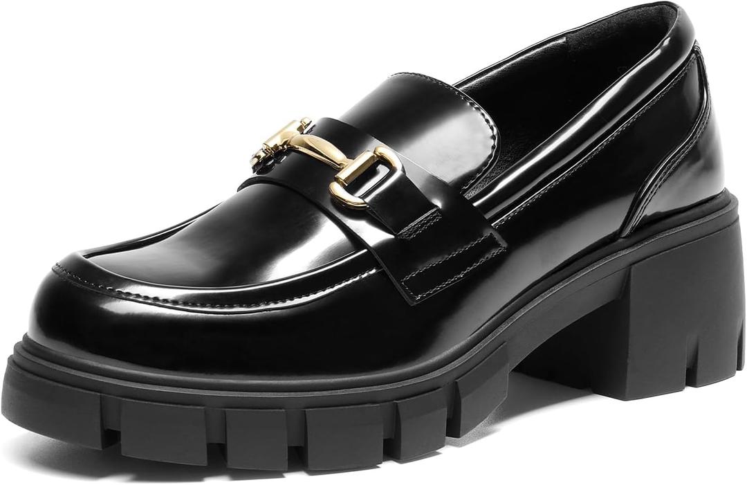 DREAM PAIRS Women's Platform Chunky Loafers (11, Black-Pat)