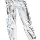 SIAEAMRG Womens Shiny Metallic High Waist Stretchy Jogger Pants, Wet Look Hip Hop Club Wear Holographic Trousers Sweatpant (Silver, S)