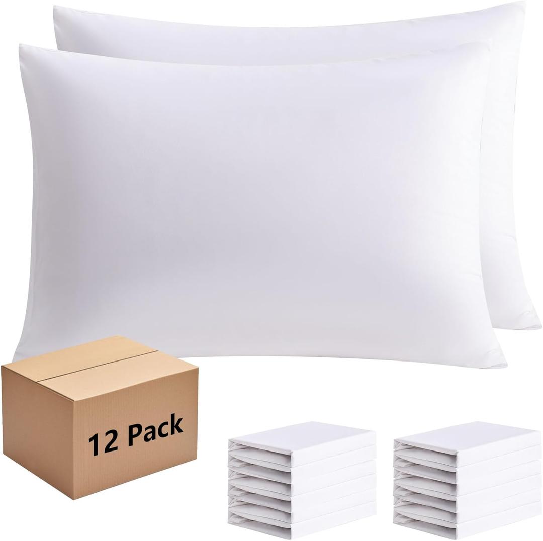 White Pillowcases Standard 12 Pack, 20x26 Pillow Cases with Envelope Closure, Soft Plain Brushed Microfiber Covers Breathable Wrinkle-Resistant