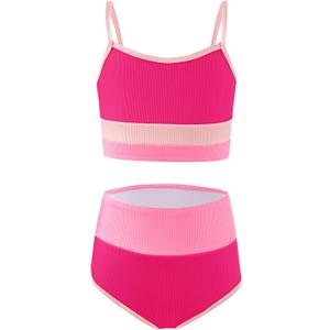 Haloumoning Girls Swimsuits Bikini Set Adjustable Straps Two Piece Color Block Girls' Swimwear with Chest Pad 5-14 Years (13-14 Years, Hot Pink)