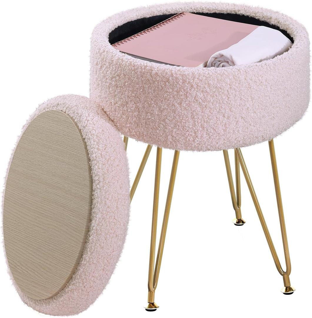 ABHENG Storage Ottoman Round Footrest Stool, Vanity Stool Chair Faux Teddy Fur with Storage, Pouf Couch Stool, Dressing Table Seat, Modern Multifunctional Chairs, 12.6"x12.6"x17.4" Jelly Pink UASND51P