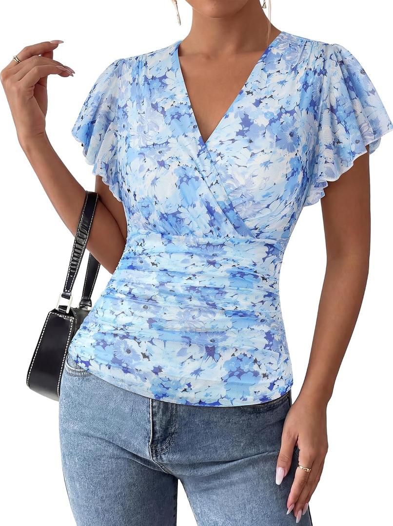 GRACE KARIN 2026 Womens Mesh Tops Summer Ruffle Sleeve Dressy Casual Top Floral Wrap Blouse Fashion Outfits (Blue, L)