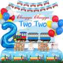 Chugga Chugga Two Two Party Decorations,Train 2nd Birthday Party Supplies, 2nd Birthday Decorations for Boys Include Banner, Tablecloth, Balloons, Cake Topper, Train Birthday Supplies