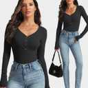 Meetrendi Women's Long Sleeve V Neck Shirt Sexy Henley Tight Slim Fitted Going Out Top Ribbed Button Fall Fashion 2025, XS