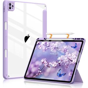 Soke Case for iPad Pro 12.9 Inch (6th/5th/4th/3rd Generation, 2022/2021/2020/2018) - Pencil Holder + Auto Sleep/Wake + Camera Protection, Transparent Shockproof Back Cover, Lavender Purple