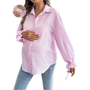 MakeMeChic Women's Maternity Blouse Spring Striped Long Sleeve Pregnancy Button Down Shirts (Pink, XL)